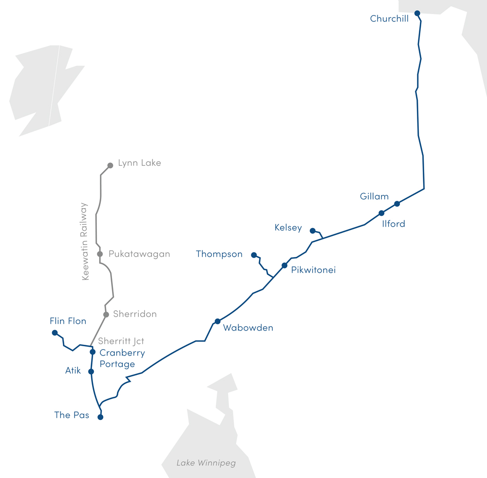 Map of rail line connecting The Pas, Flin Flon, and Churchill, Manitoba