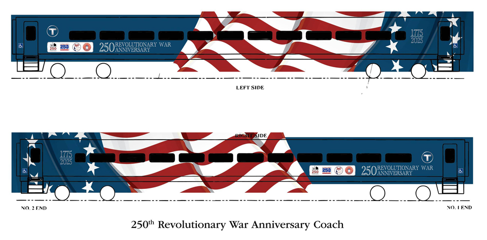 Illustration of blue commuter coach with large flag