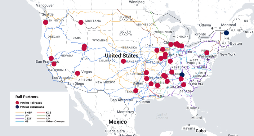 Map of U.S. with dots showing location of Patriot Rail operations