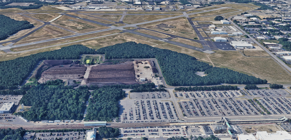 Aerial view of airport and commuter rail station