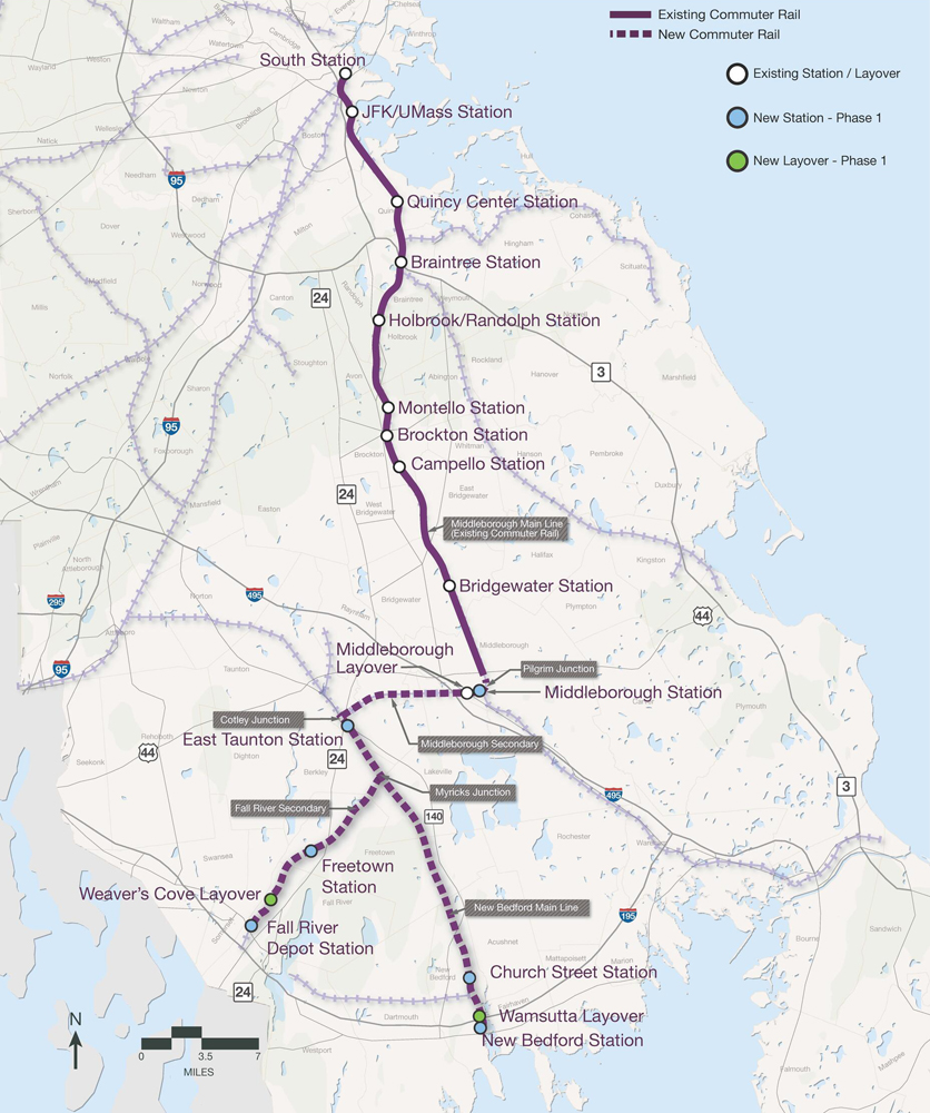 Map of rail lines in southeastern Massachusetts