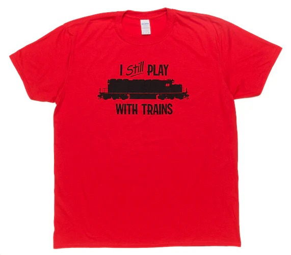 red t-shirt with black model train on the front