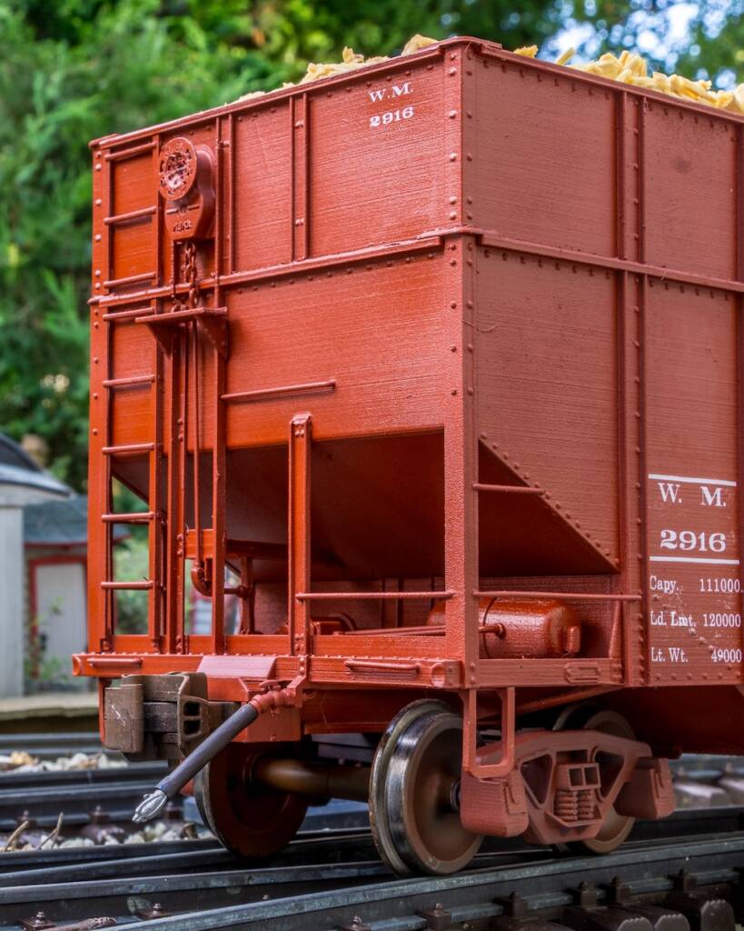 close up of model hopper car