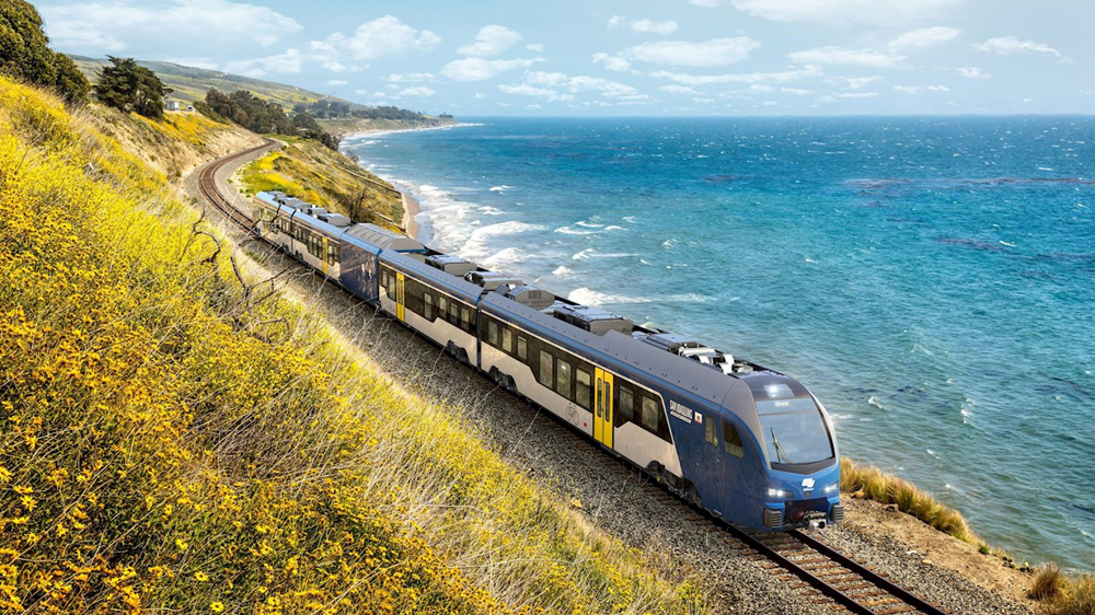 Rendering of multiple-unit trainset on tracks along coastline