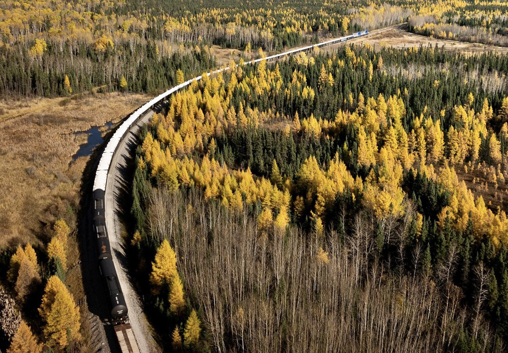 Train passing through wilderness area with fall colors