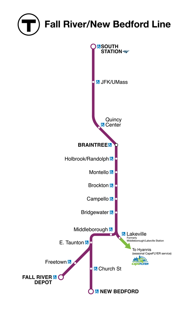 Map of MBTA commuter rail line between Boston and Fall River/New Bedford, Mass.