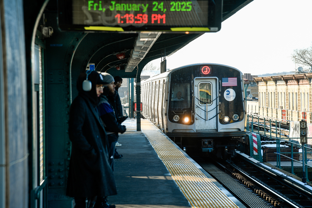 Subway train arriving at station