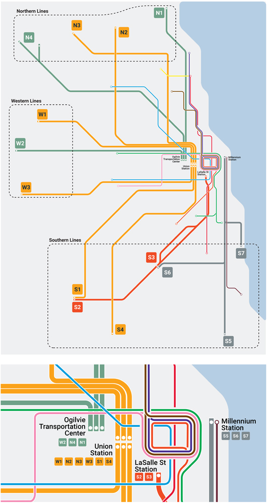 Map of Metra system with new color and name system. 