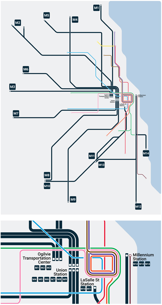 Map of Metra system with lines numbered 1 through 14.