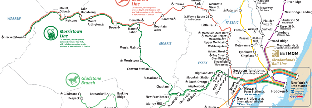 Map of NJ Transit rail lines between Hackettstown, N.J., and New York City