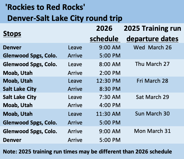 Table showing Rocky Mountaineer schedule for Denver-Salt Lake City trip