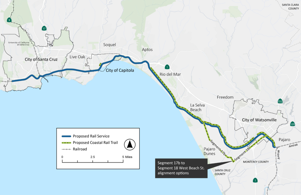 Map of proposal rail line between Santa Cruz and Pajaro, Calif.