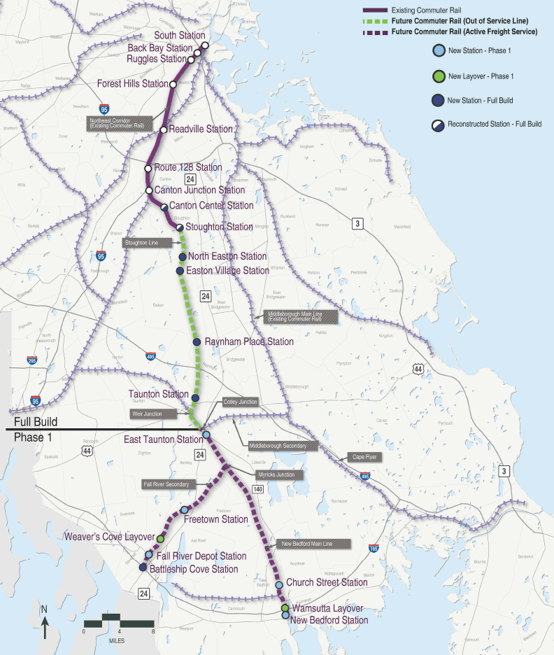 Map of commuter rail lines south of Boston