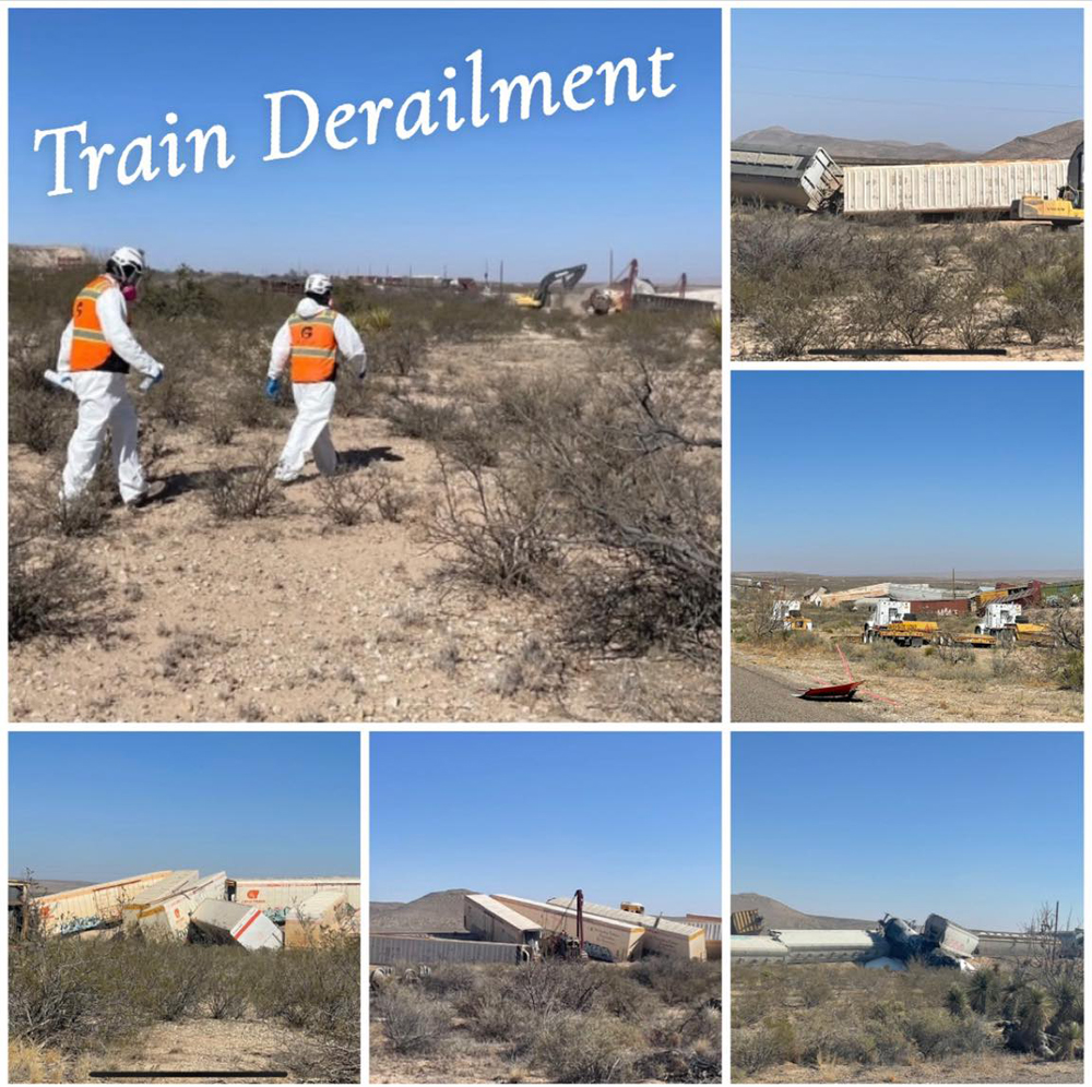 Six-photo montage of train derailment