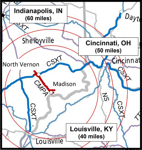 Map showing Indiana short line Madison Railroad in relationship to Louisville and Cincinnati,